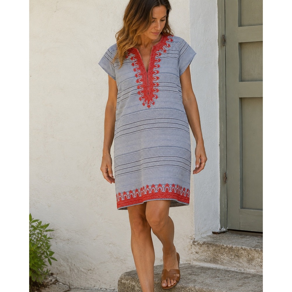 Calypso St Barth Ro Stripe Rowena Embroidered Cotton Tunic Mini Dress L